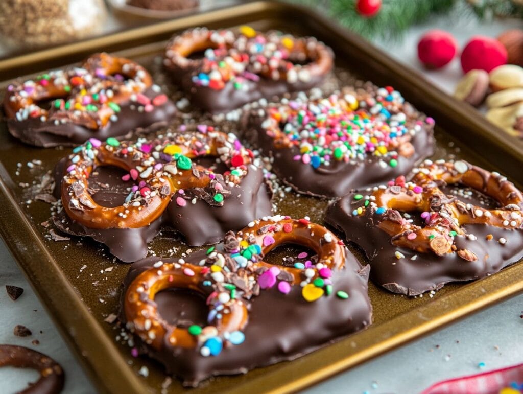 Milk chocolate pretzel bark with colorful toppings on a tray surrounded by baking tools.