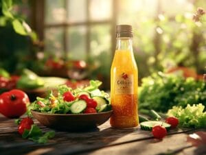 Bottle of golden light Italian dressing with a fresh salad bowl.