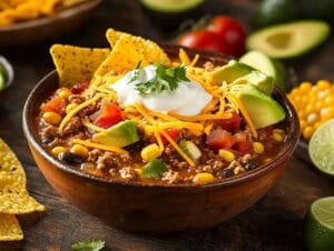 Bowl of taco soup frios with cheese, tortilla chips, avocado, and sour cream.