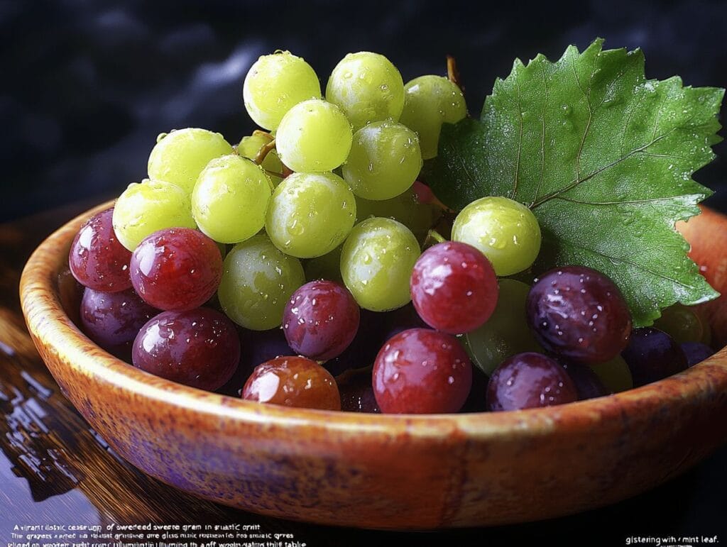 A bowl of glistening, sweetened green and red grapes.