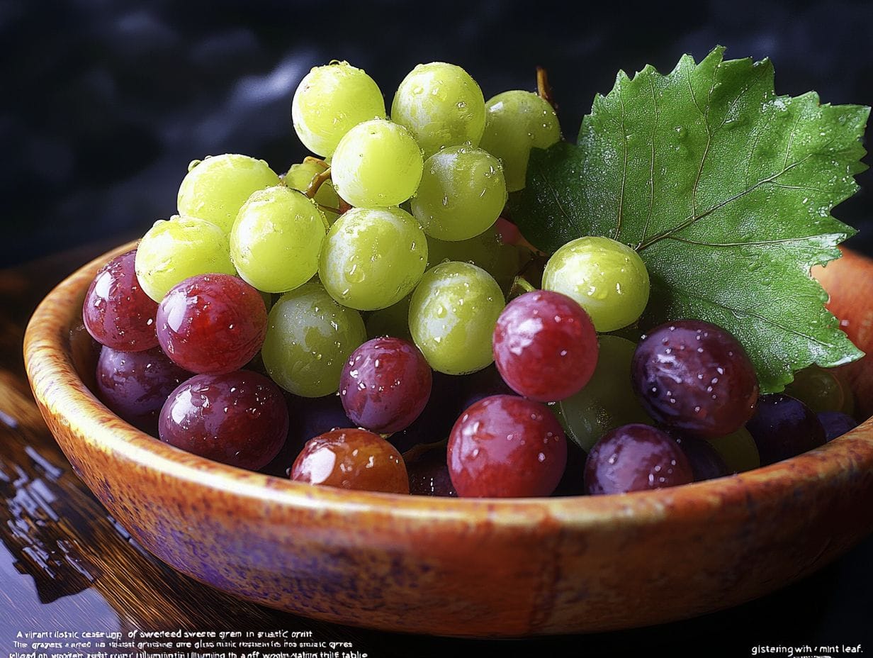 A bowl of glistening, sweetened green and red grapes.