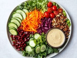 Vibrant salada platter with fresh vegetables and dressing.