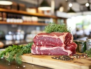 Broad St Butcher ground beef on a butcher’s block with vibrant red coloring and visible marbling.