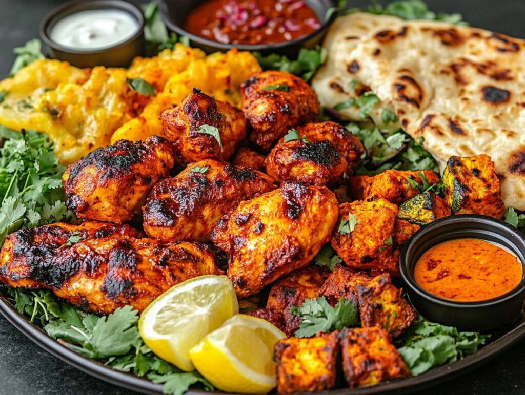 A platter of tandoori chicken, paneer tikka, grilled vegetables, naan, and dipping sauces.