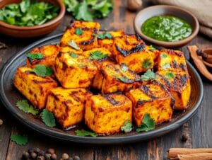 Tandoori pumpkin paneer served on a rustic platter with chutney and garnishes.