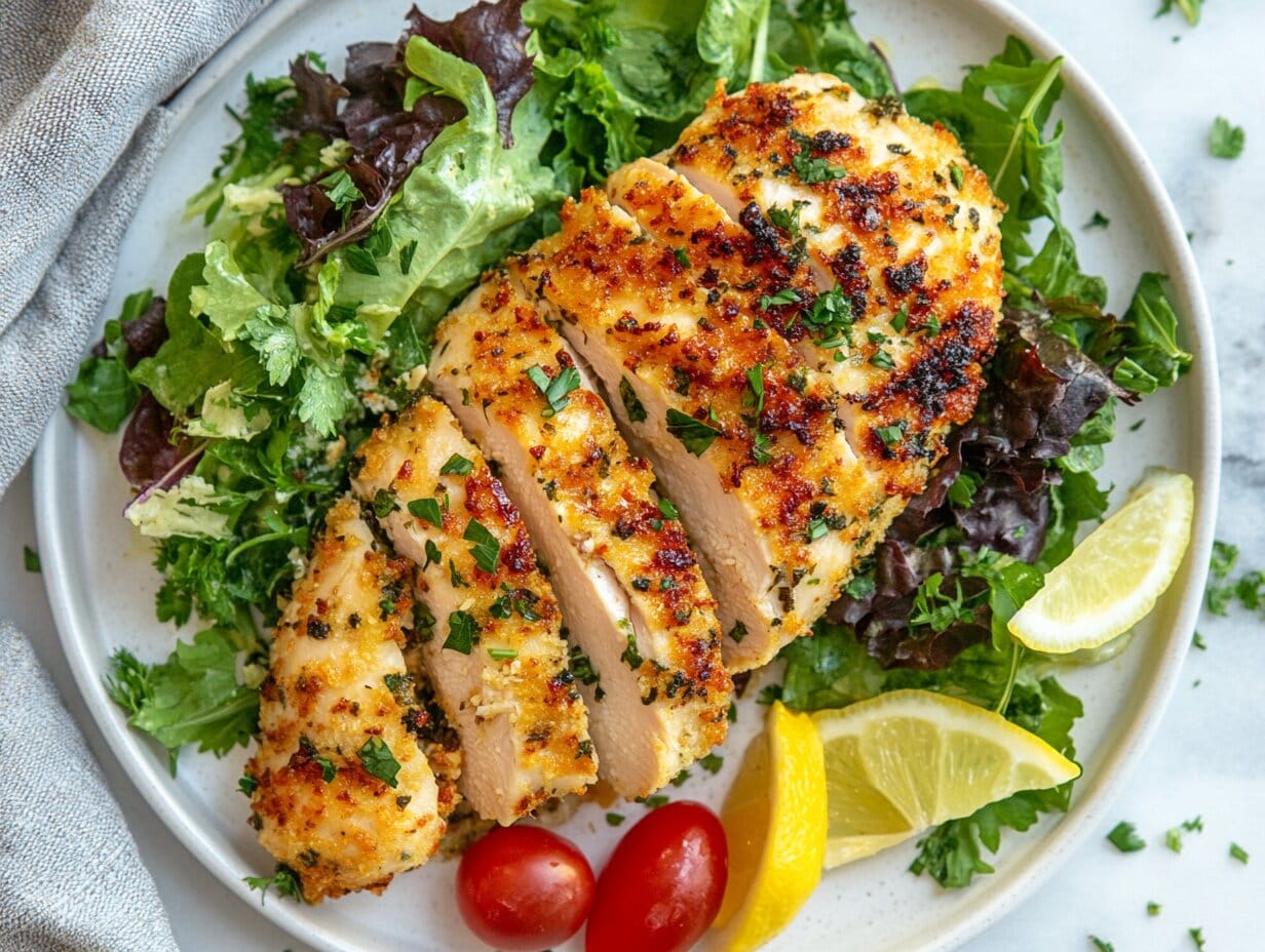 A perfectly golden Parmesan crusted chicken breast served on a plate with fresh herbs and a side salad.