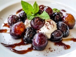 Close-up of caramelized grapes with sour cream and mint garnish.