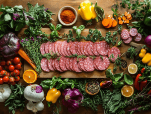 A top-view of turkey salami slices arranged with fresh herbs, spices, and vegetables on a cutting board.