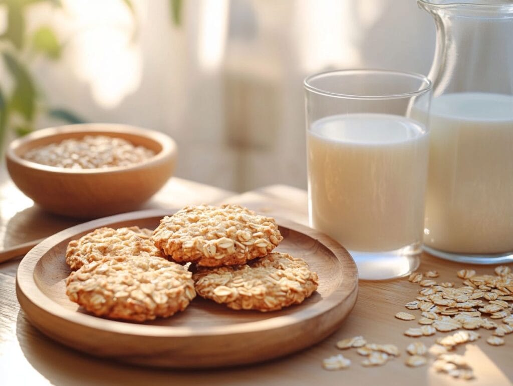 Freshly baked Milk Oaties with a glass of milk on a rustic table.