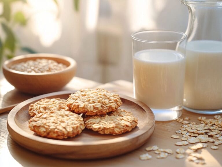 Freshly baked Milk Oaties with a glass of milk on a rustic table.