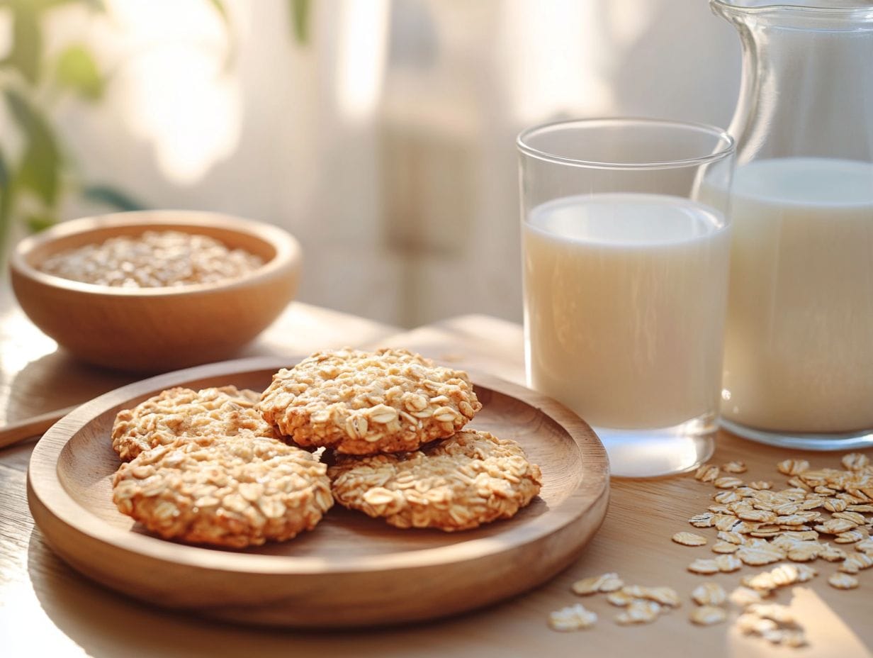 Freshly baked Milk Oaties with a glass of milk on a rustic table.