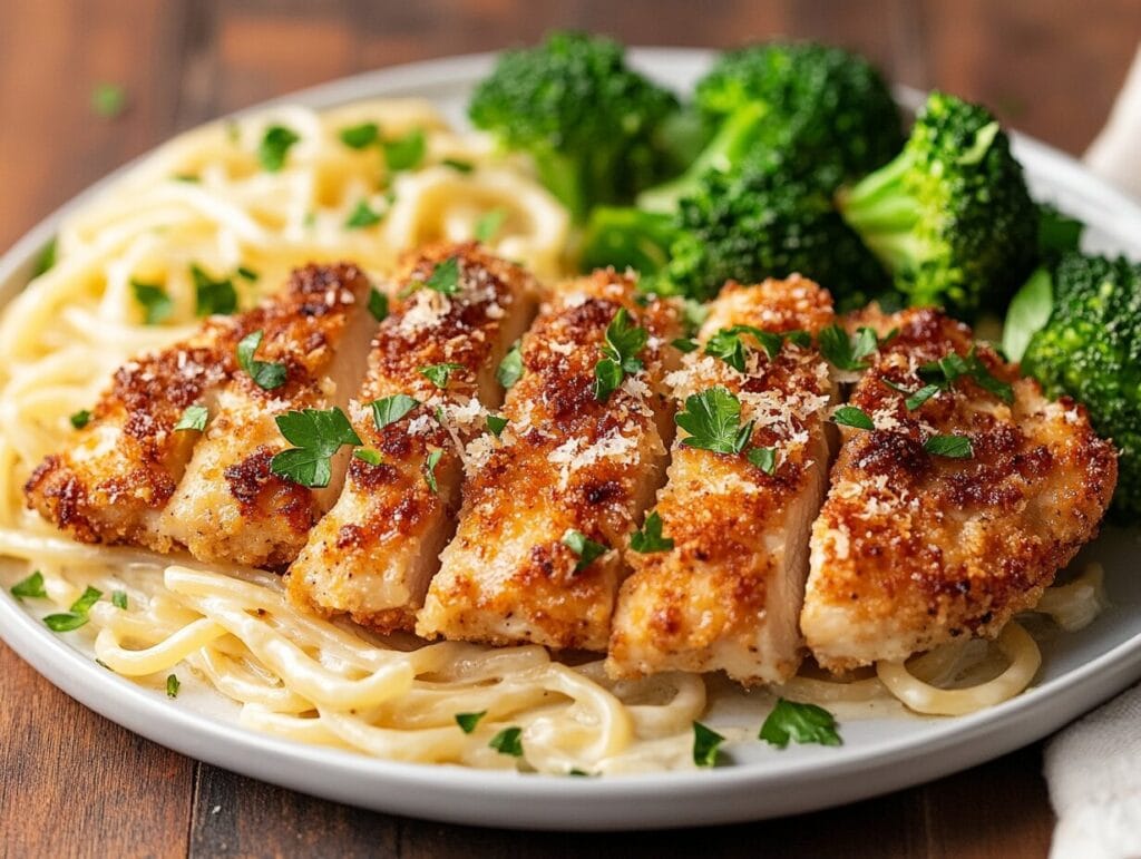 Parmesan crusted chicken served alongside creamy pasta and a glass of white wine.