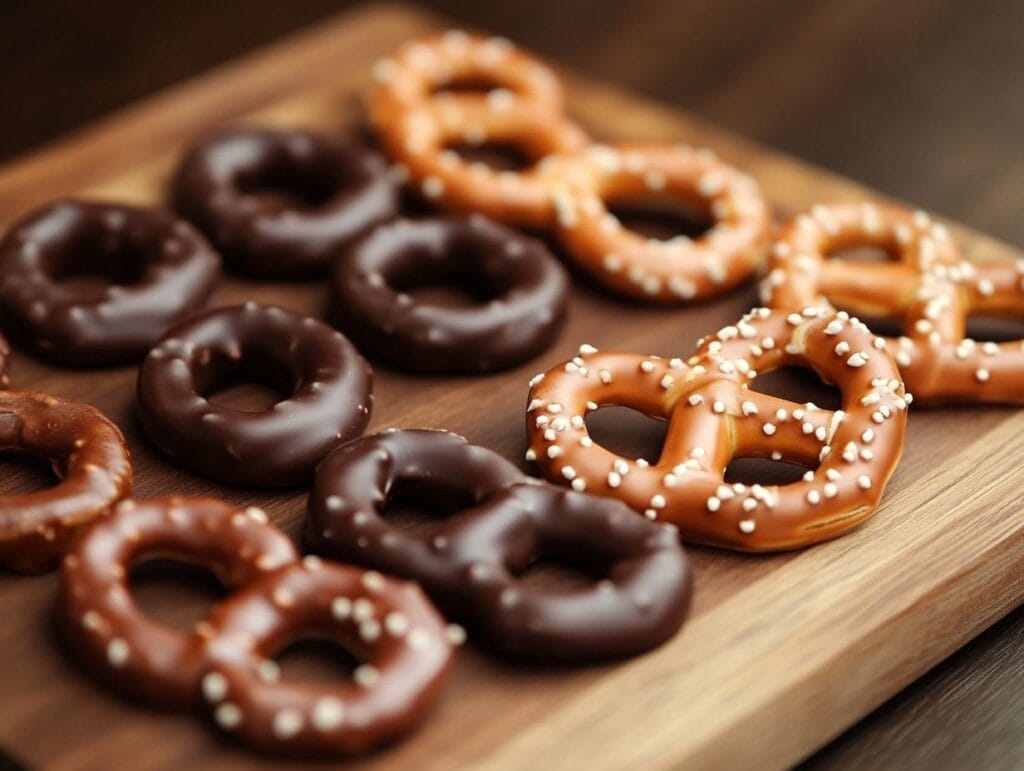 Dark chocolate and milk chocolate covered pretzels comparison on a wooden platter.