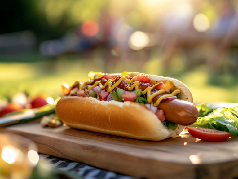 A turkey hot dog on a wooden board with fresh vegetables and condiments in a sunny picnic setting.