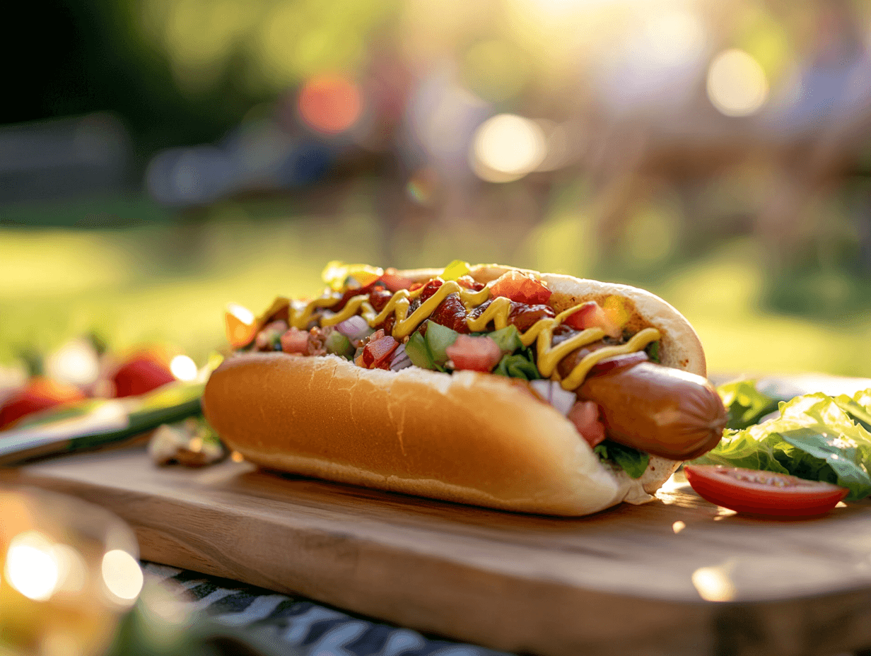 A turkey hot dog on a wooden board with fresh vegetables and condiments in a sunny picnic setting.