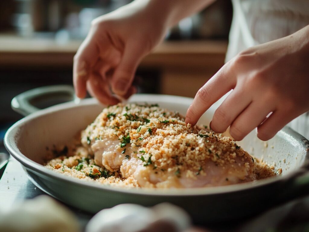 Hands pressing a chicken breast into a Parmesan and breadcrumb mixture on a shallow dish.