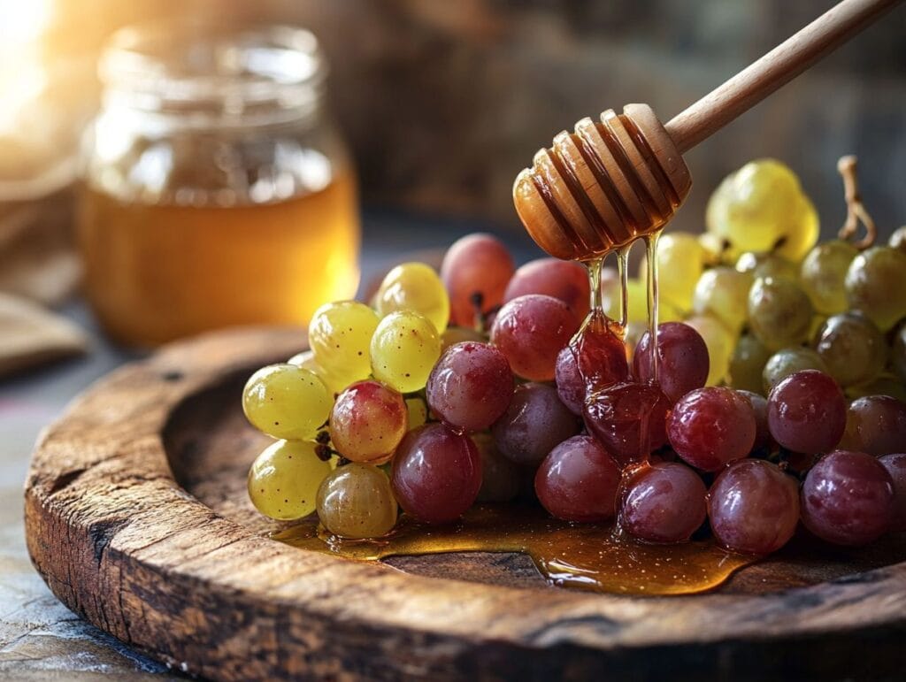 Fresh grapes drizzled with honey on a rustic wooden platter