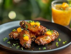A plate of crispy mango habanero wings with sauce, lime, and cilantro.