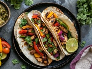 A sizzling skillet of fajitas de pollo with colorful bell peppers, onions, and warm tortillas on the side.