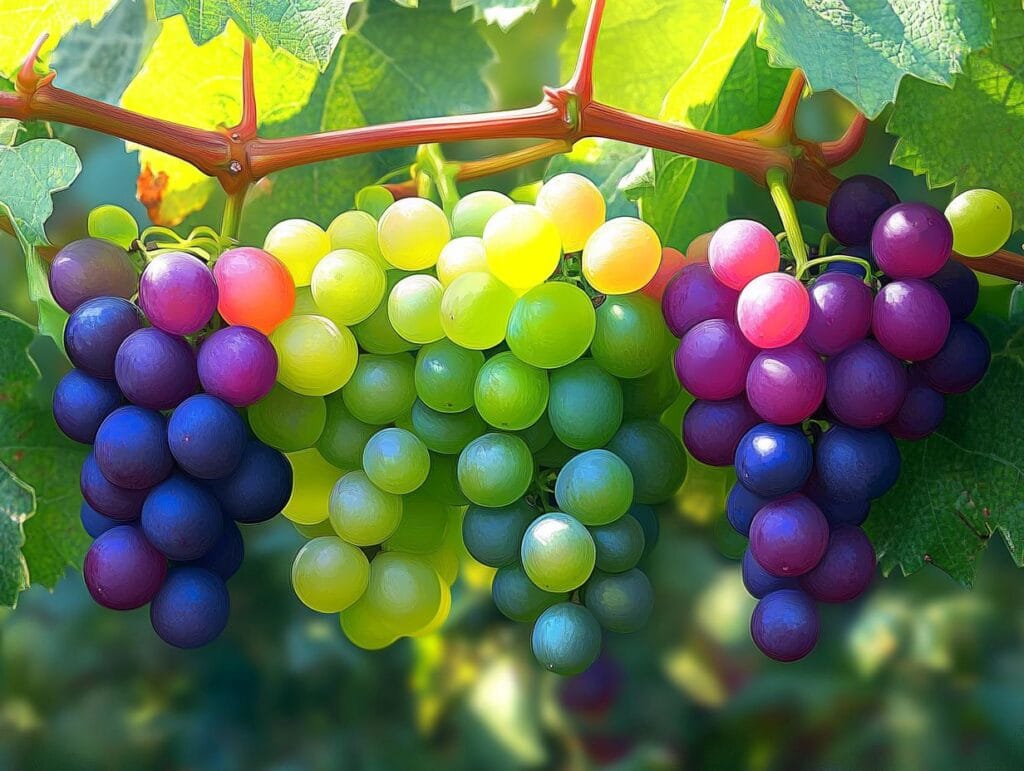 A cluster of green grapes hanging on a grapevine.