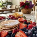 Delicious AIP Breakfast featuring Coconut Flour Pancakes and Berries.