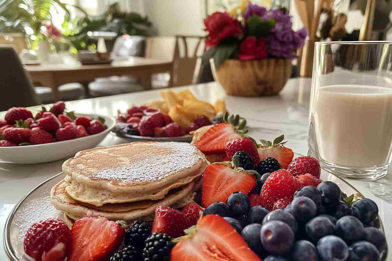 Delicious AIP Breakfast featuring Coconut Flour Pancakes and Berries.