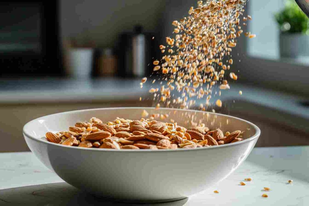 Adding almonds to cereal.