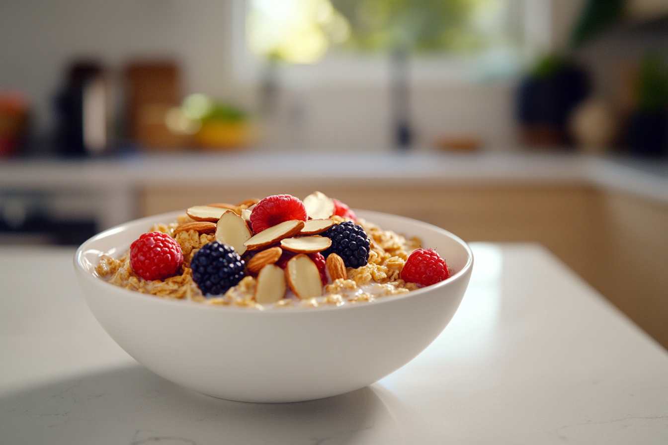 Cereal with almonds and berries in a bowl.