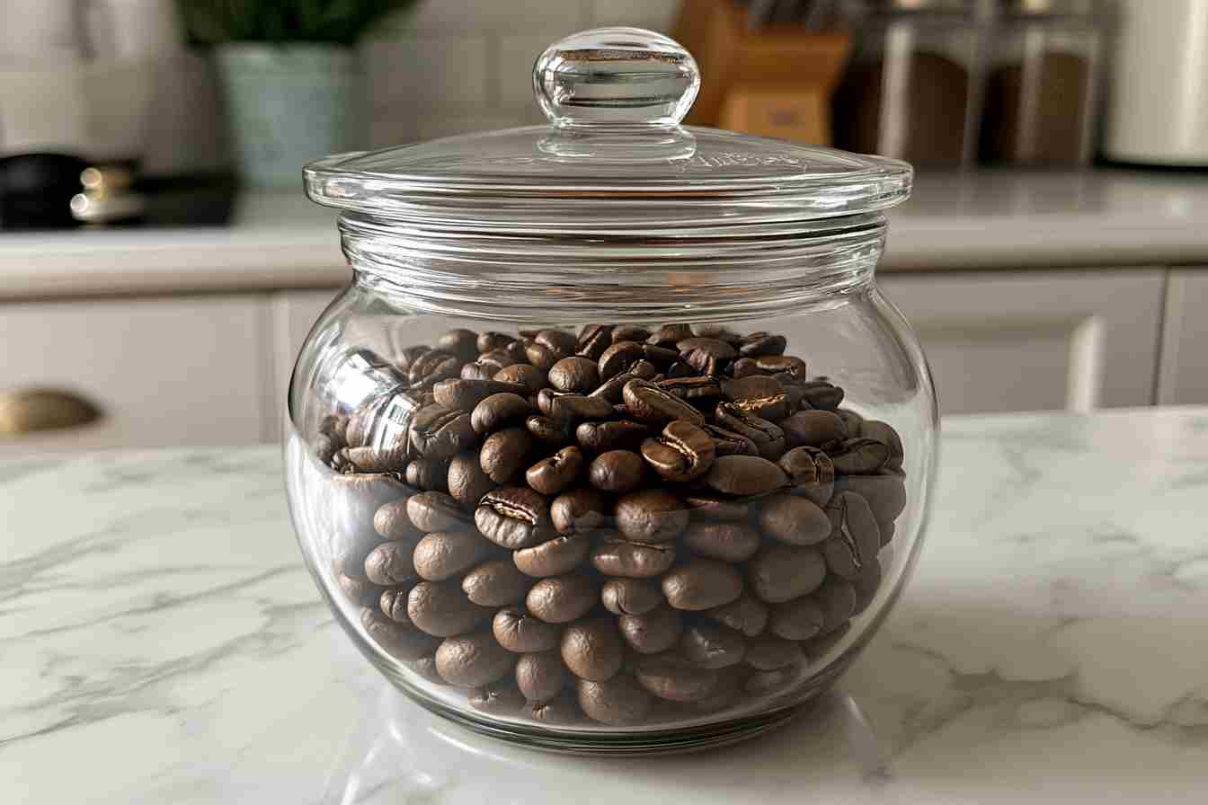 A pile of freshly roasted whole coffee beans in a glass jar on a kitchen counter.