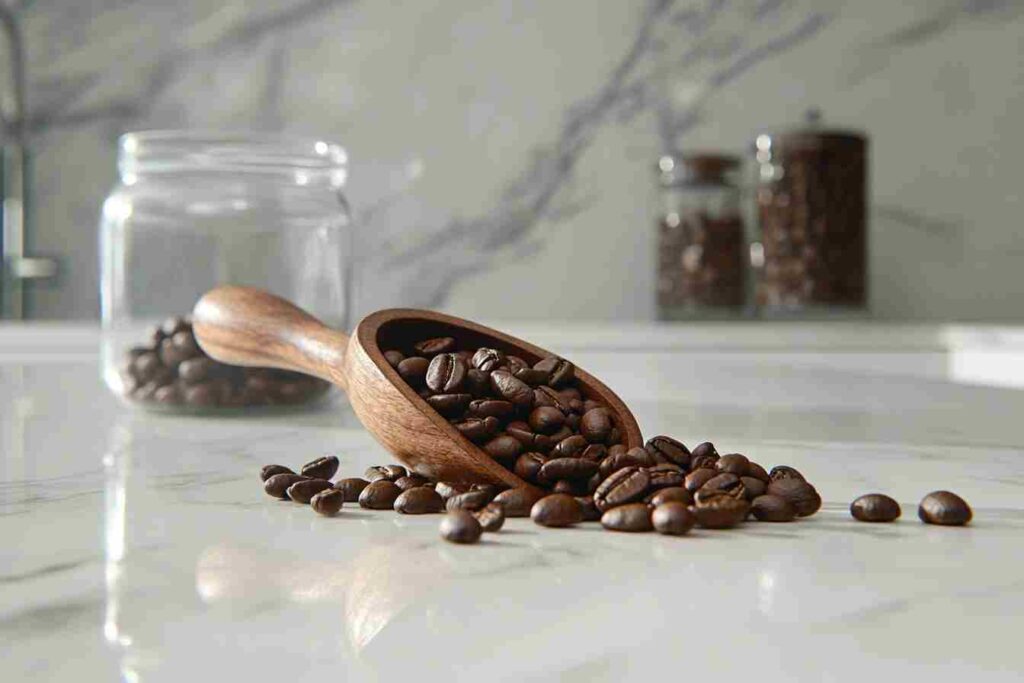 Freshly roasted whole bean coffee in a clear jar.