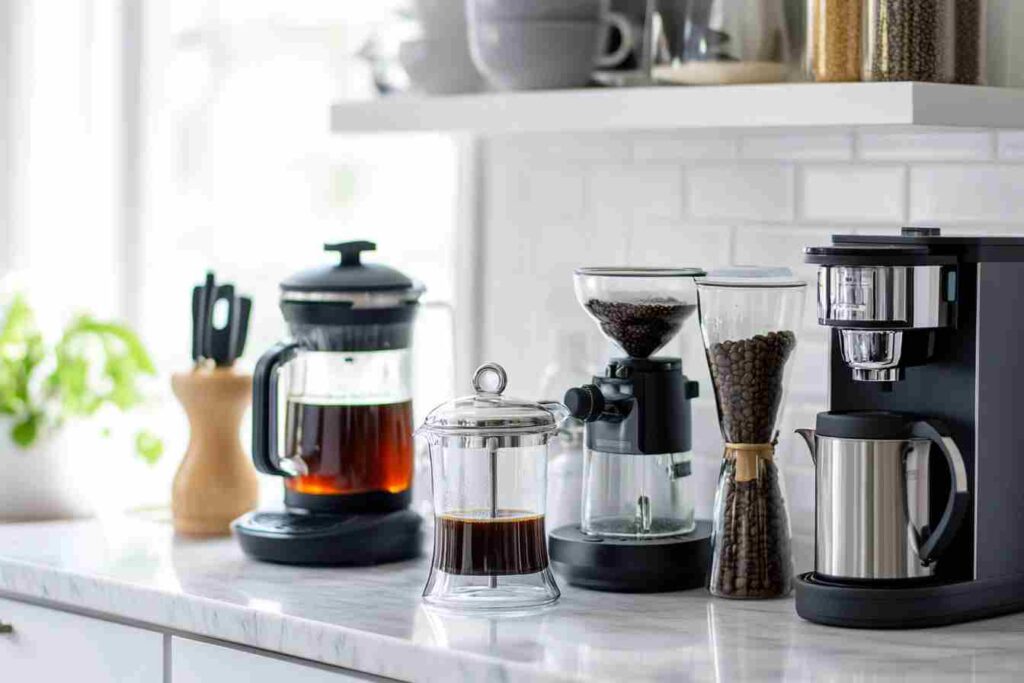 Variety of coffee brewing devices on a white kitchen marble.