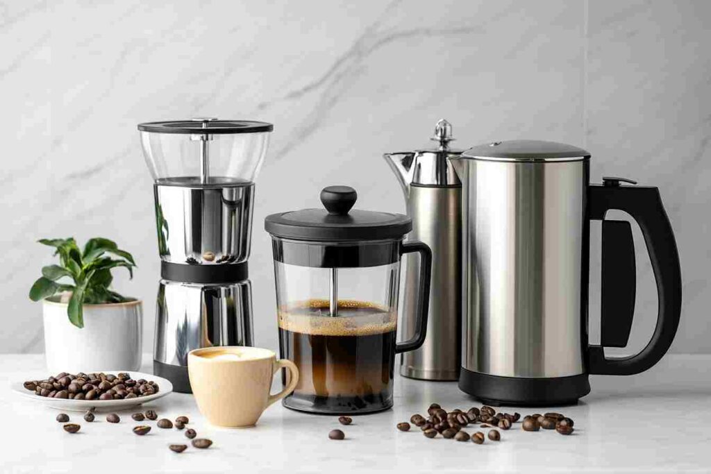 Various coffee brewing methods displayed in a flat lay arrangement.