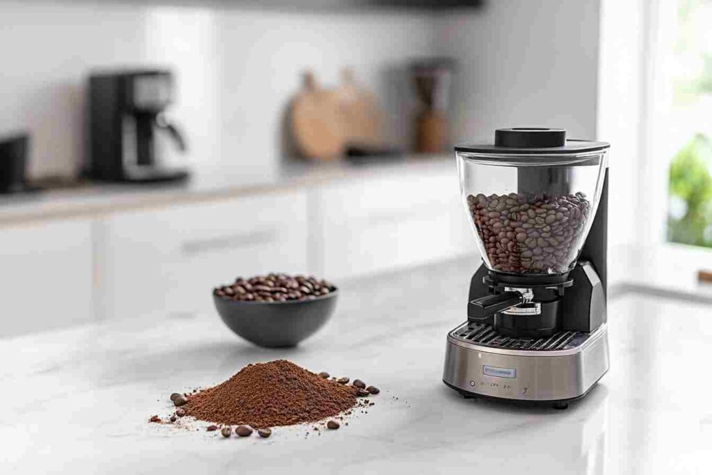 Coffee grinder and ground coffee on white marble