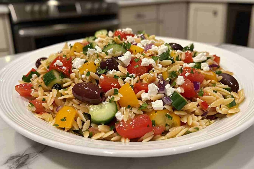 Orzo pasta salad with tomatoes, cucumbers, feta and olives