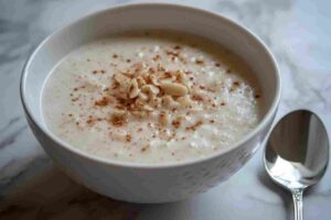 Bowl of fresh almond cereal with milk.