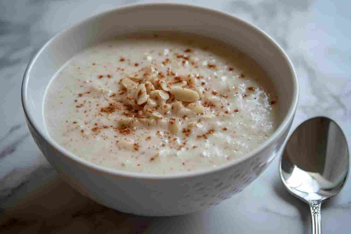 Bowl of fresh almond cereal with milk.