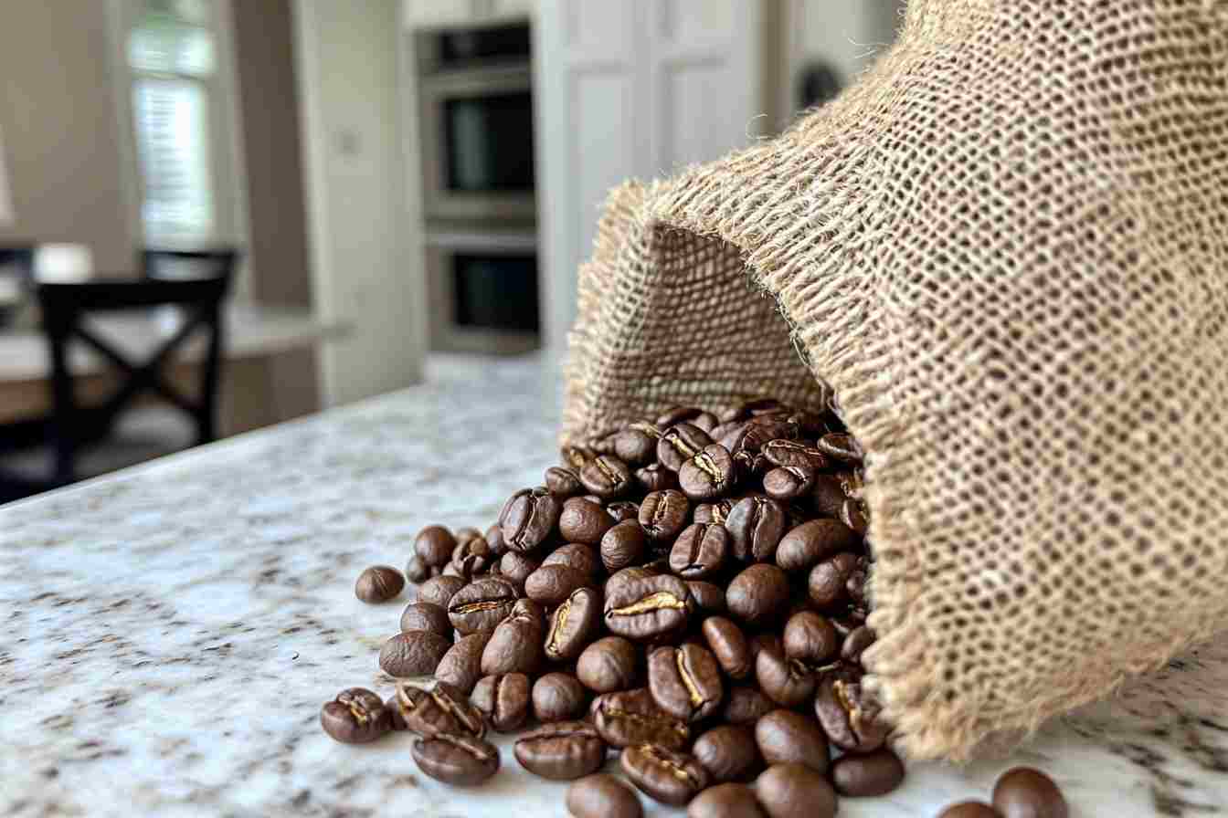 Freshly roasted coffee beans pouring onto a white marble counter.