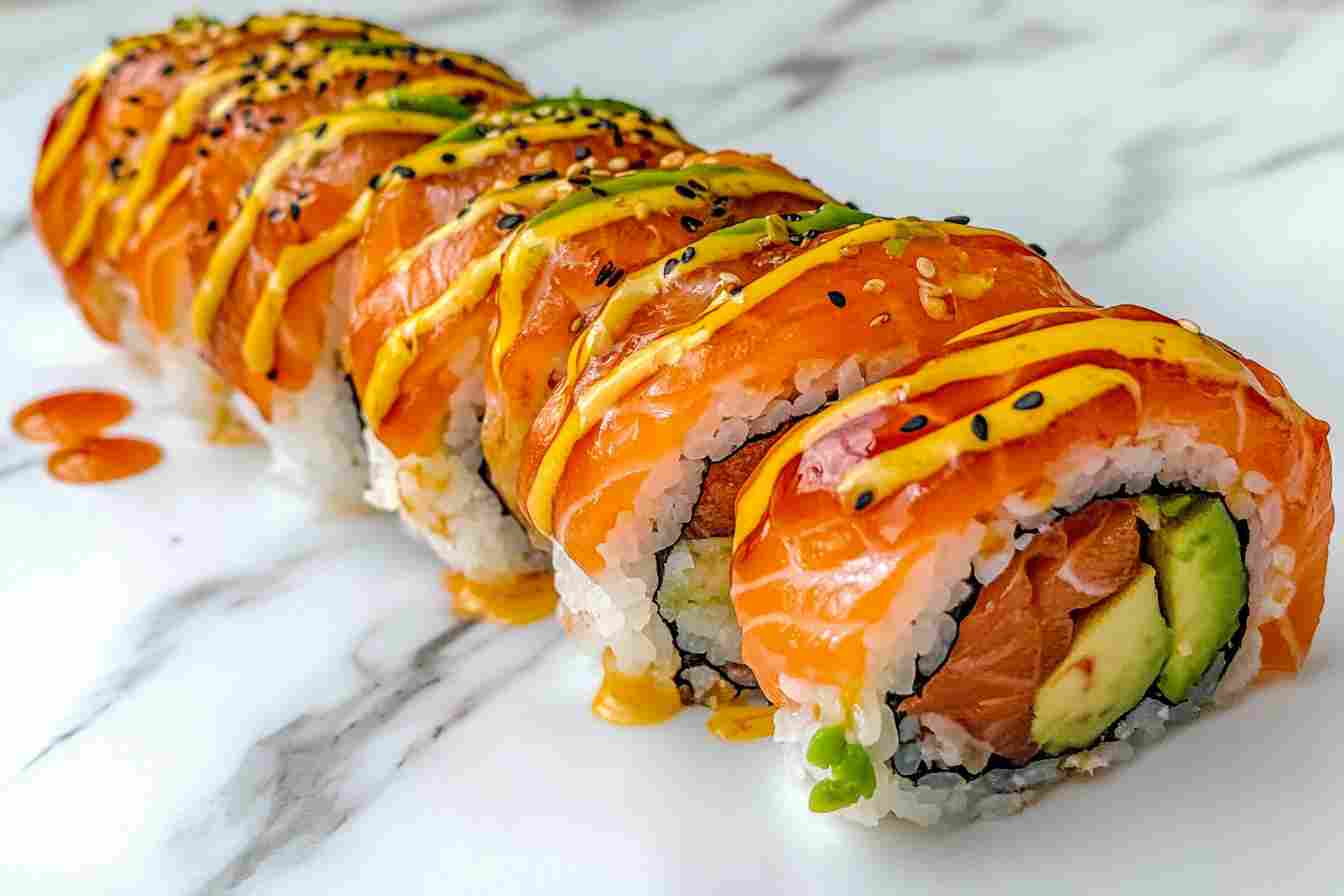 Close-up of a freshly made salmon avocado roll on a white marble surface.