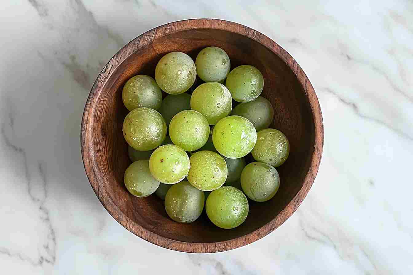 Rustic bowl of fresh, sour green grapes with dew drops.