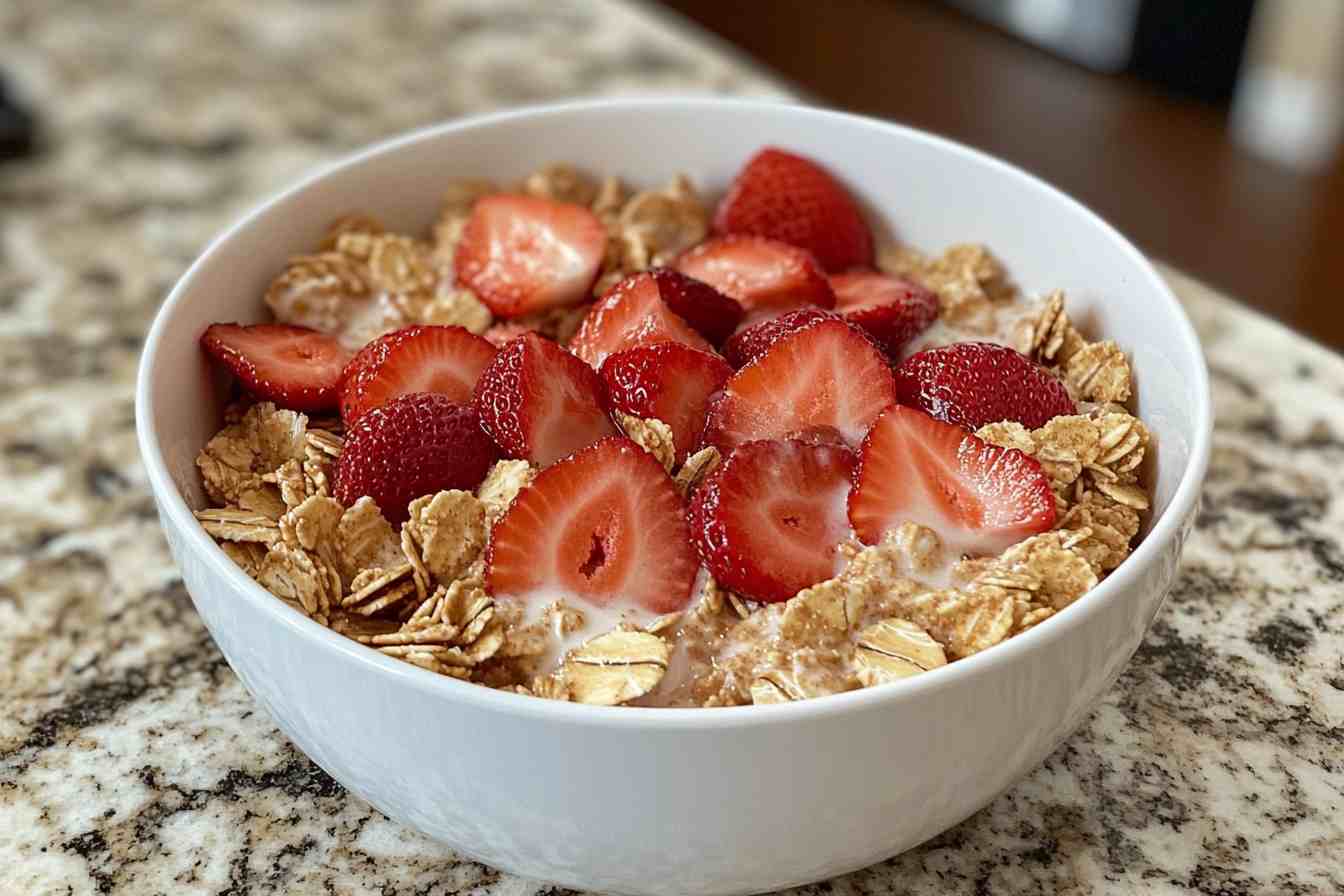 Bowl of oatmeal crisp almond cereal with fresh strawberries.