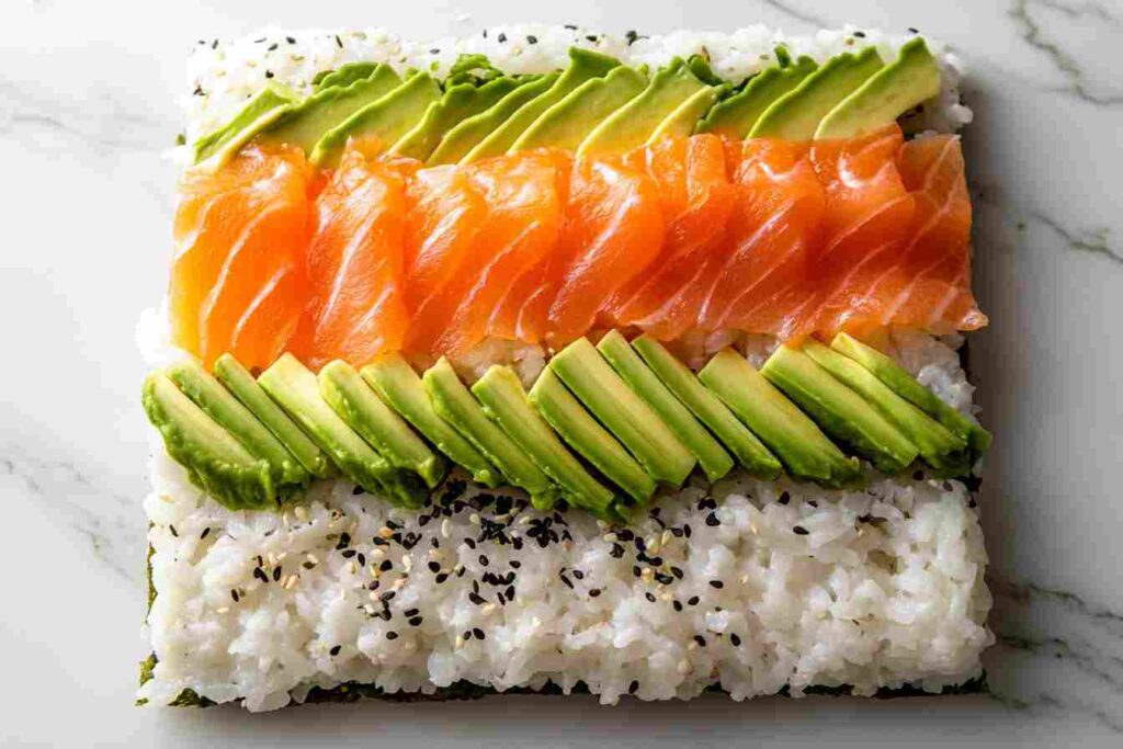  Inside-out salmon and avocado roll, showcasing layers of ingredients on a marble surface.