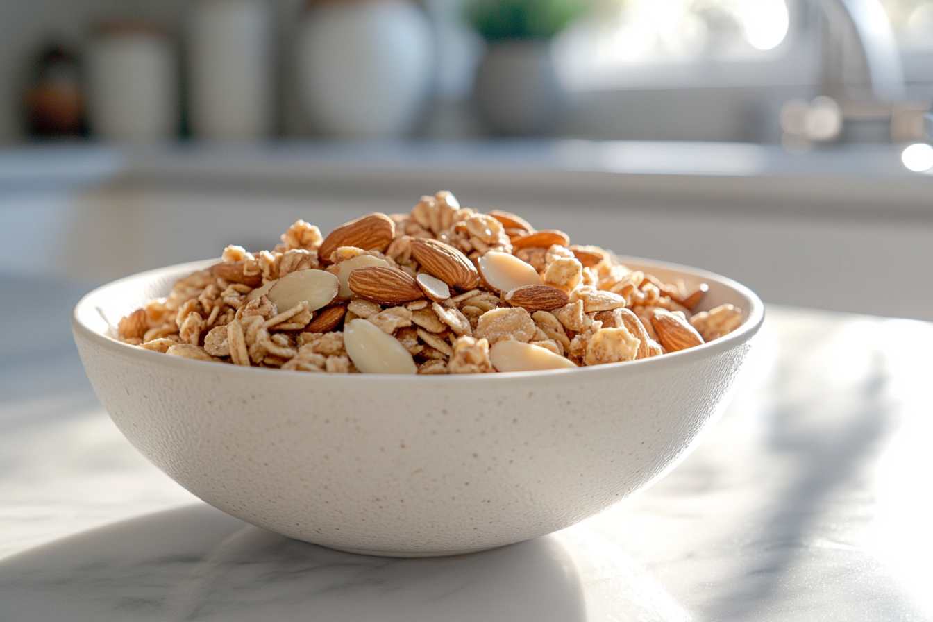 Sugar in almond cereal: Bowl of low-sugar almond cereal on a kitchen counter.