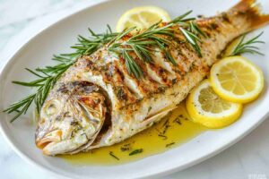 Loup de mer recipes beautifully plated whole roasted fish.