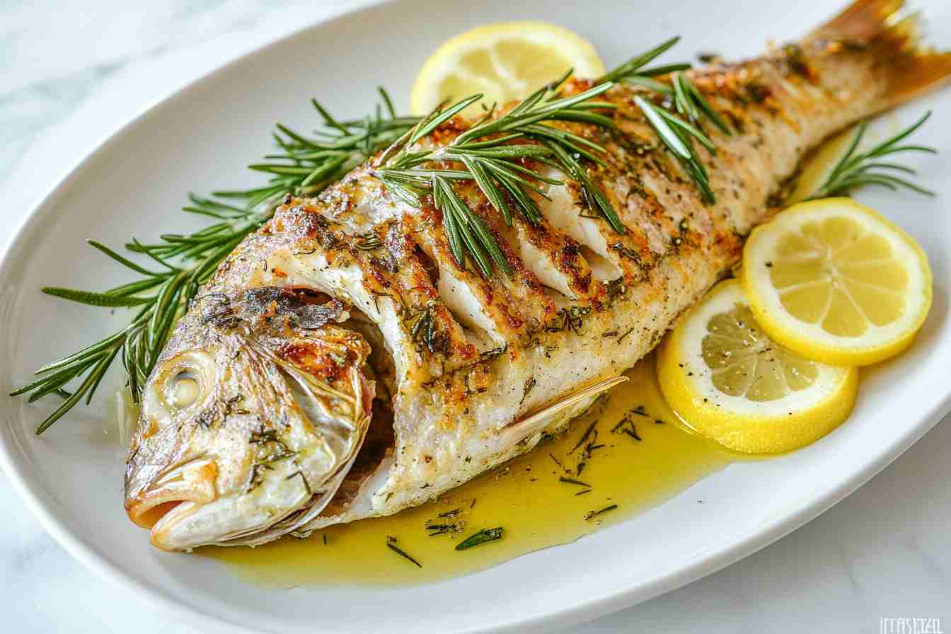 Loup de mer recipes beautifully plated whole roasted fish.