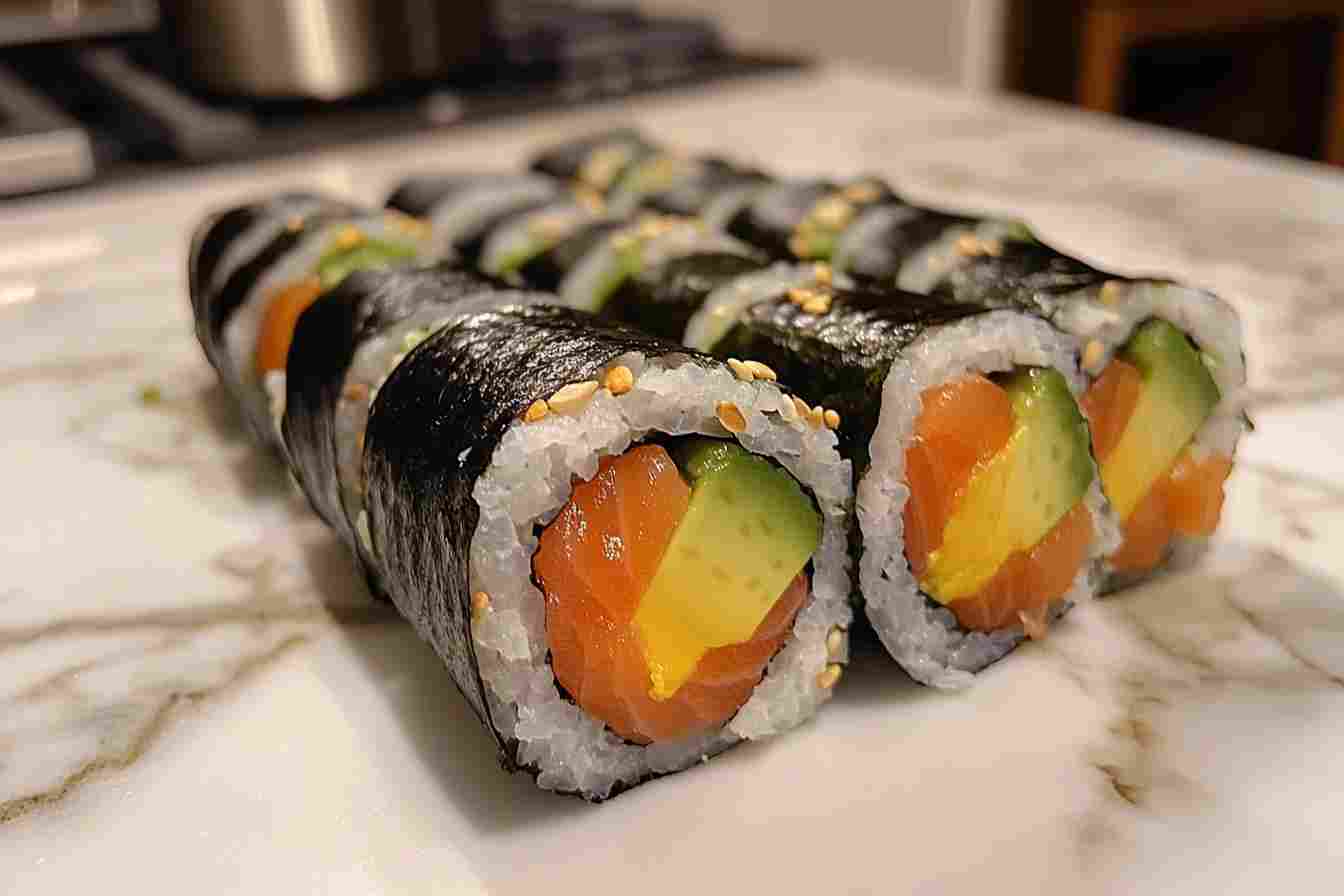 A close-up view of a freshly prepared salmon and avocado roll on a white marble counter.