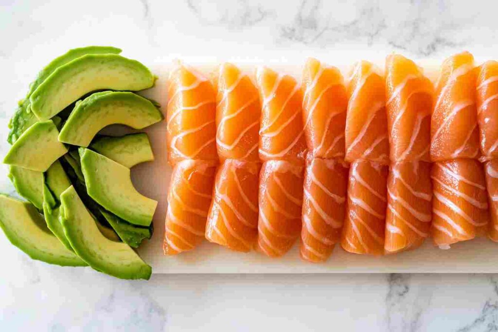 Salmon and avocado slices prepared for salmon avocado rolls