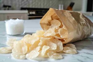Close-up of salt and vinegar chips spilling from a bag on a white marble counter.