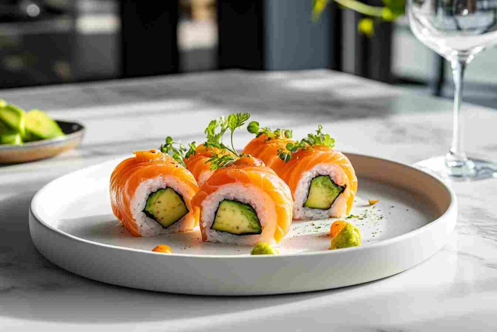 A plate of cut salmon avocado rolls ready to serve