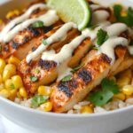 Delicious street corn chicken rice bowl close up.