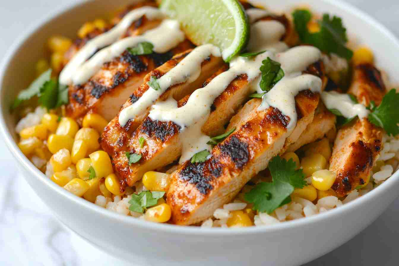 Delicious street corn chicken rice bowl close up.